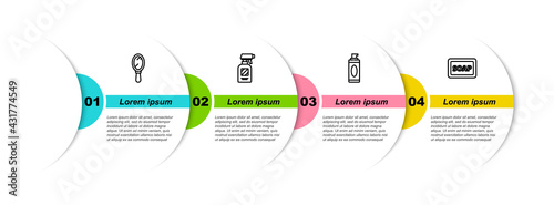 Set line Hand mirror, Hairdresser pistol spray bottle, Shaving gel foam and Bar of soap with. Business infographic template. Vector