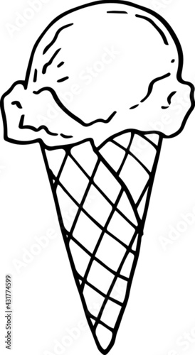 Set of hand drawn ice cream.  ice cream cone, waffle, waffle cup, popsicle, ice cream balls dessert.  illustration in doodle style black and white isolated on white background