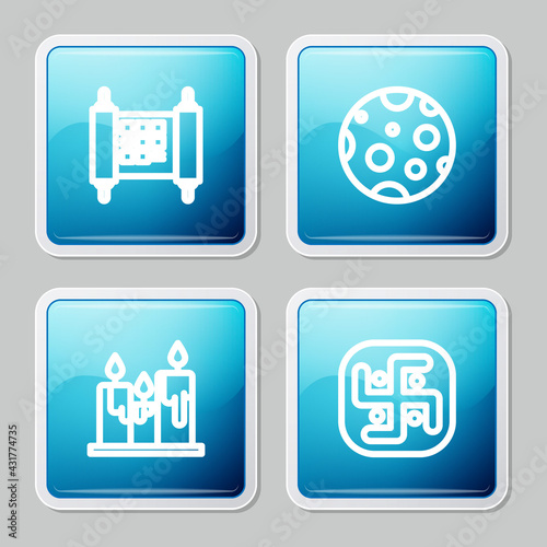 Set line Decree, paper, parchment, scroll, Moon, Burning candles and Jainism icon. Vector