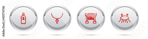 Set line Monk, Christian cross chain, Japan Gate and Pastafarianism. Silver circle button. Vector