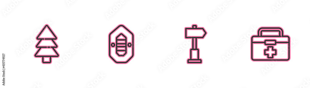 Set line Tree, Road traffic signpost, Rafting boat and First aid kit icon. Vector Set line Tree, Road traffic signpost, Rafting boat and First aid kit icon. Vector