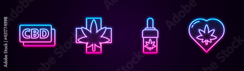 Set line Cannabis molecule, Medical marijuana or cannabis leaf, Marijuana olive oil and in heart. Glowing neon icon. Vector