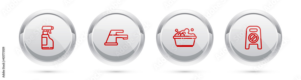 Set line Spray bottle with detergent liquid, Water tap, Plastic basin soap suds and Wet floor and cleaning progress. Silver circle button. Vector Set line Spray bottle with detergent liquid, Water tap, Plastic basin soap suds and Wet floor and cleaning progress. Silver circle button. Vector