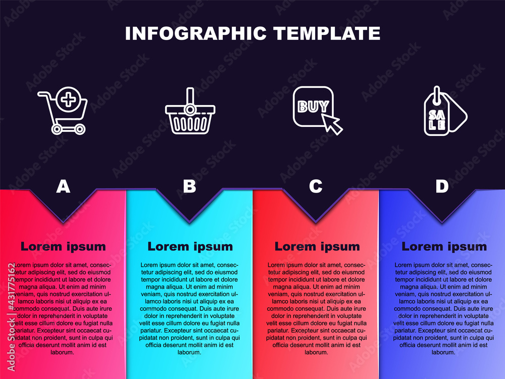 Set line Add to Shopping cart, basket, Buy button and Price tag with Sale. Business infographic template. Vector Set line Add to Shopping cart, basket, Buy button and Price tag with Sale. Business infographic template. Vector