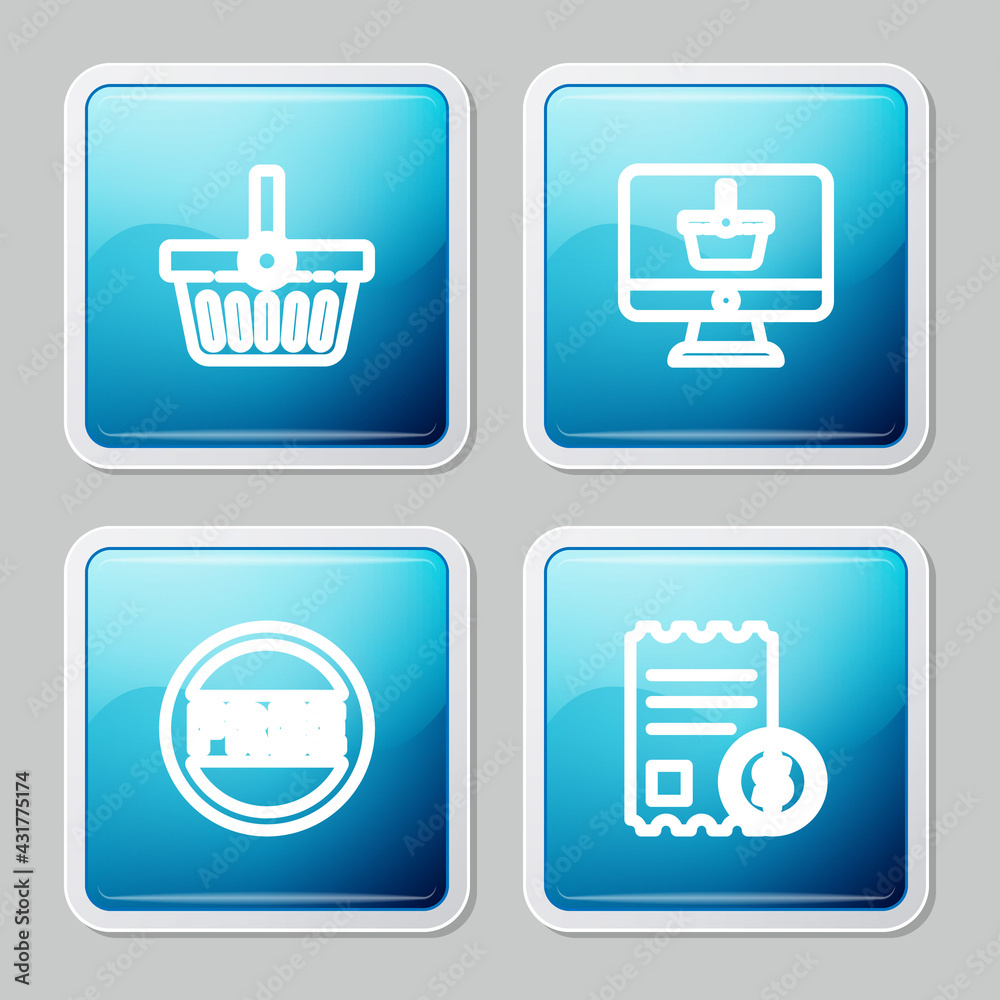 Set line Shopping basket, Monitor with shopping, Price tag Free and Paper check and financial check icon. Vector Set line Shopping basket, Monitor with shopping, Price tag Free and Paper check and financial check icon. Vector