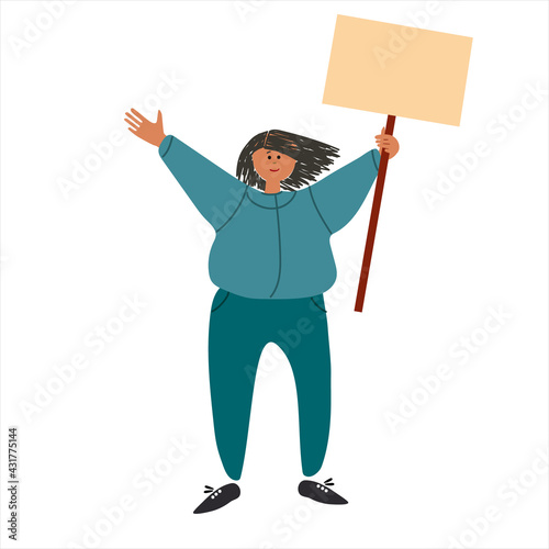 Female protester holding a placard. Vector illustration in flat style