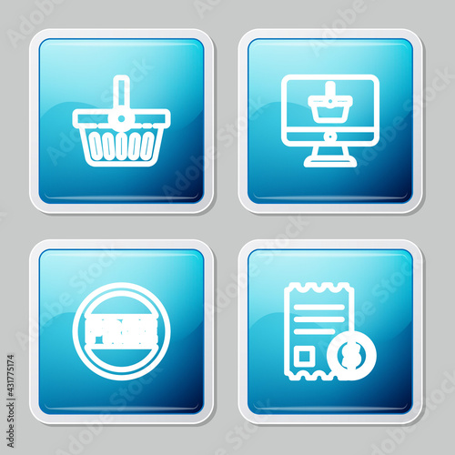 Set line Shopping basket, Monitor with shopping, Price tag Free and Paper check and financial check icon. Vector