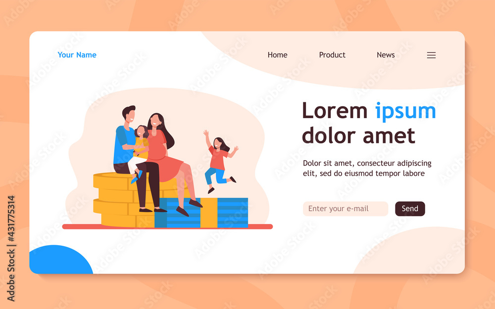 Happy parents with kids sitting on pile of coins. Dollar, money, children flat vector illustration. Finance and family concept for banner, website design or landing web page