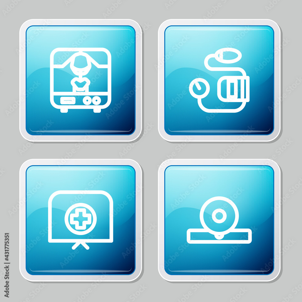 Set line X-ray machine, Blood pressure, Nurse hat with cross and Otolaryngological head reflector icon. Vector Set line X-ray machine, Blood pressure, Nurse hat with cross and Otolaryngological head reflector icon. Vector