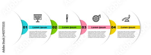 Set line Eye test chart, Medical saw, Surgery lamp and dental chair. Business infographic template. Vector