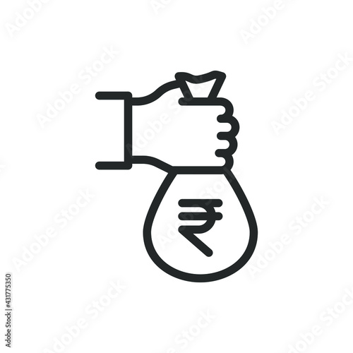 Hand holding a rupee money bag. Investment. Savings icon concept isolated on white background. Vector illustration