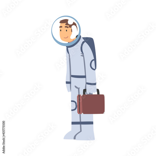 Astronaut Traveling with Luggage, Space Tourist Character Cartoon Vector Illustration