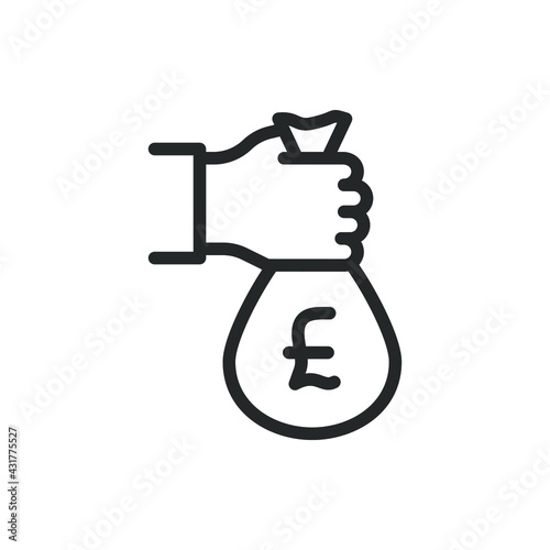 Hand holding a pound money bag. Investment. Savings icon concept isolated on white background. Vector illustration