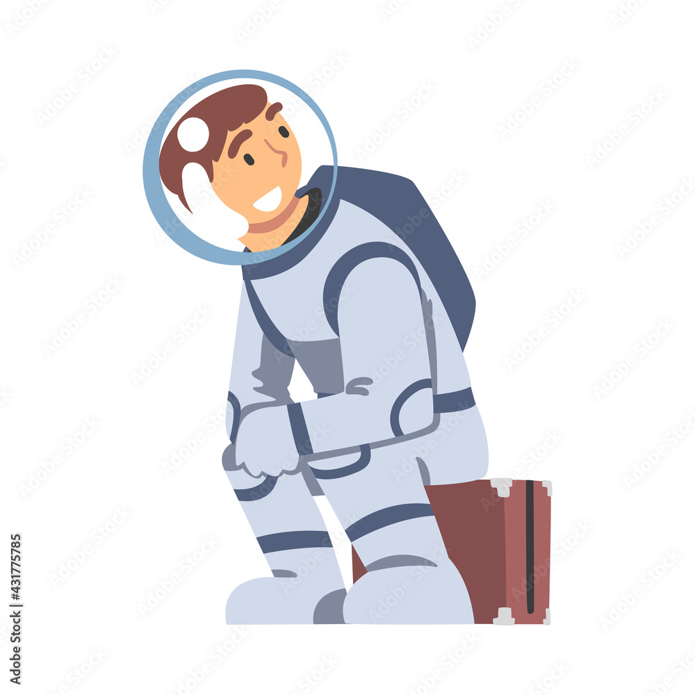 Cheerful Male Astronaut Sitting on Suitcase, Space Tourist Character in Space Suit Cartoon Vector Illustration