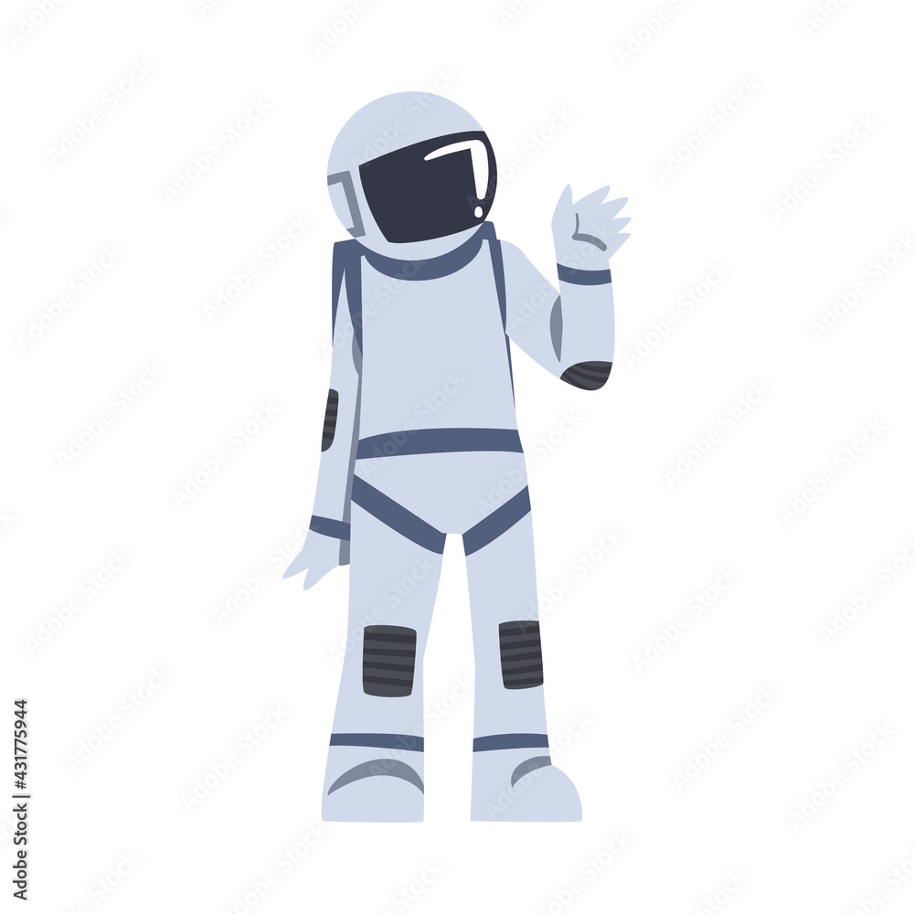 Astronaut Waving his Hand, Space Tourist Character in Space Suit Doing Hello Gesture Cartoon Vector Illustration