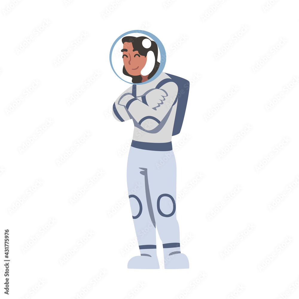 Cheerful Woman Astronaut Standing with Folded Arms, Space Tourist Character Cartoon Vector Illustration Cheerful Woman Astronaut Standing with Folded Arms, Space Tourist Character Cartoon Vector Illustration