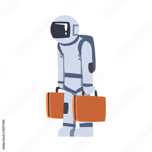 Astronaut Traveling with Luggage, Space Tourist Character in Space Suit Cartoon Vector Illustration