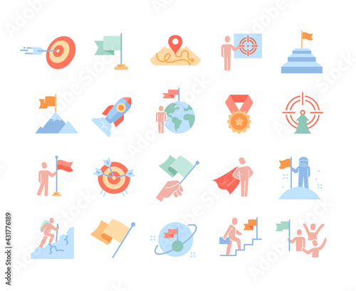 Mission, purpose, objective, aim colorful outline icons