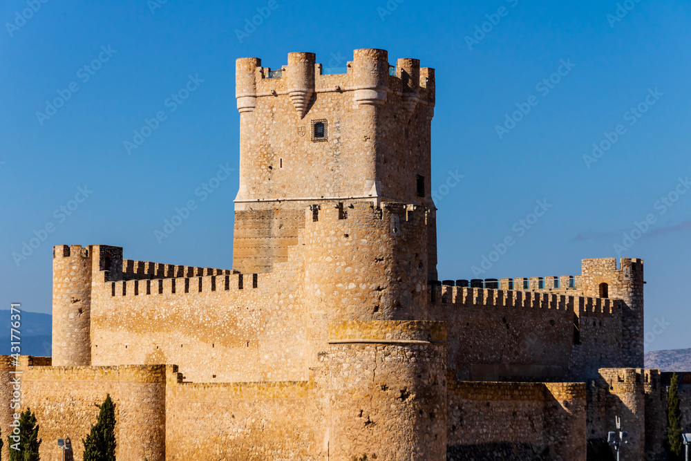 Views of the tower of Atalaya Castle in the town of Villena.