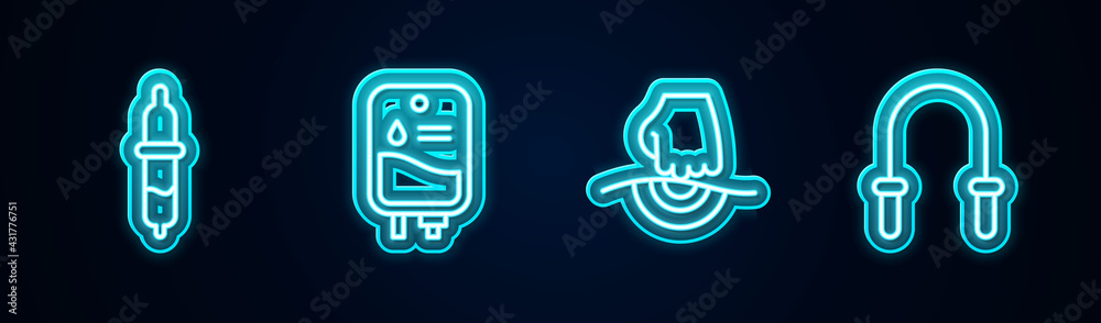 Set line Pipette, IV bag, Massage and Jump rope. Glowing neon icon. Vector Set line Pipette, IV bag, Massage and Jump rope. Glowing neon icon. Vector