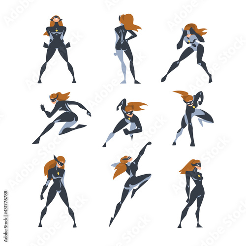 Beautiful Girl Superhero in Action Set, Superwoman Character Dressed Black Costume and Mask Cartoon Vector Illustration