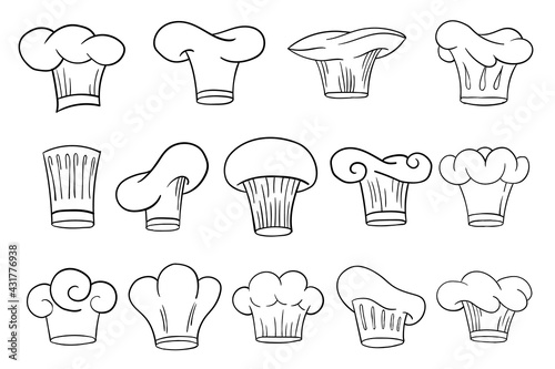 Cook chef hats caps or toques set in outline sketch cartoon style. hand drawn kitchen staff uniform headwear in different shapes and designs for restaurant and cafe