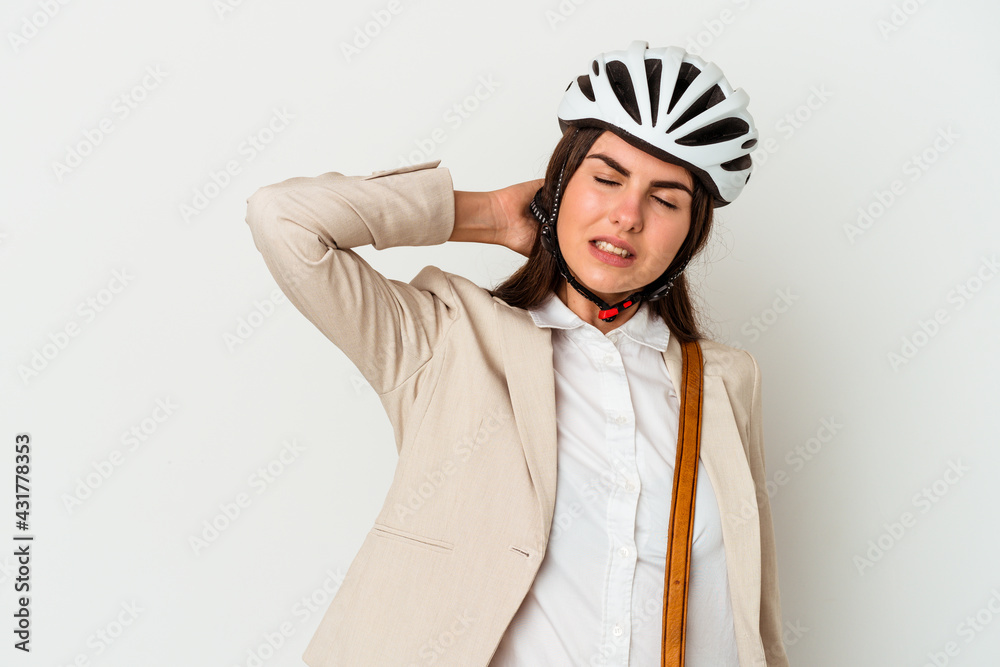 Young caucasian woman riding a bicycle to work isolated on white background touching back of head, thinking and making a choice. Young caucasian woman riding a bicycle to work isolated on white background touching back of head, thinking and making a choice.