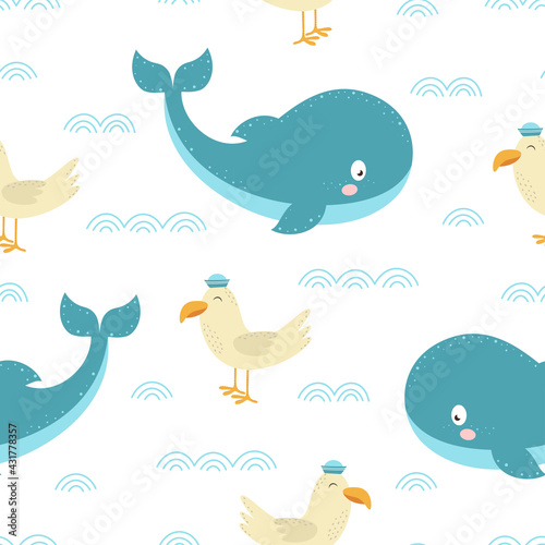 seamless pattern with cartoon whale and seagull