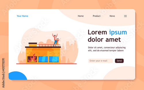 People calling for help on top of fire building. Accident, smoke, victim. Flat vector illustration. Emergency, disaster, rescuing concept for banner, website design or landing web page