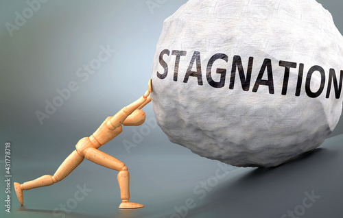 Bild auf Leinwand Stagnation and painful human condition, pictured as a wooden human figure pushin