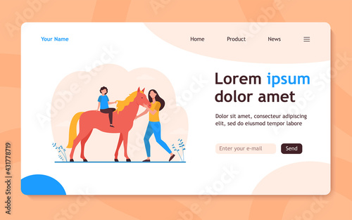 Little kid riding horse. Woman petting animal. Flat vector illustration. Family, outdoor activity, lifestyle, pet concept for banner, website design or landing web page