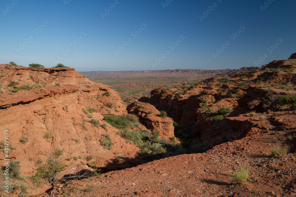 Arid landscape. View of the desert red canyon, orange sandstone cliffs, precipice and rocky mountains in Sierra de las Quijadas, national park. Arid landscape. View of the desert red canyon, orange sandstone cliffs, precipice and rocky mountains in Sierra de las Quijadas, national park.