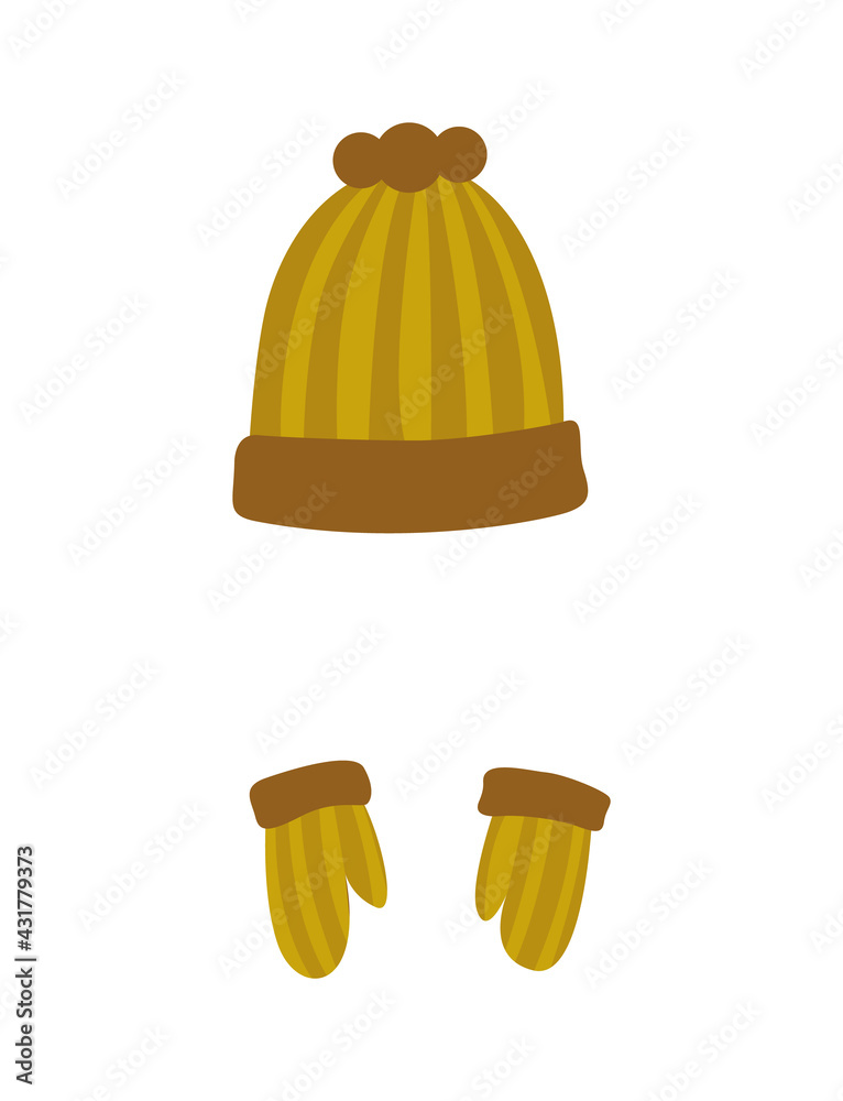 Fototapeta premium Winter warm hat and gloves. Clothes for winter or autumn. Stylish clothes for cold weather. Icons set for web and mobile design