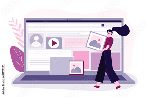 Female UI and UX designer build website on laptop. Employee girl codering internet site. Web development process. Woman holding icon. Construction and programming web page. Vector illustration