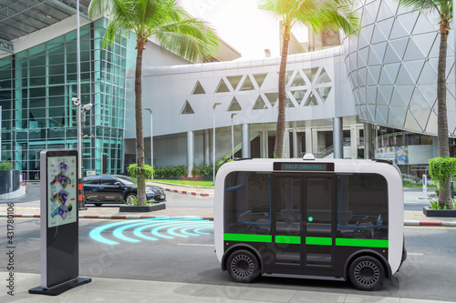 Autonomous electric bus self driving on street, Smart vehicle technology concept photo