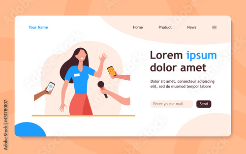 Journalists interviewing young woman. Celebrity, expert, voice recorder. Flat vector illustration. Press, journalism, communication concept for banner, website design or landing web page