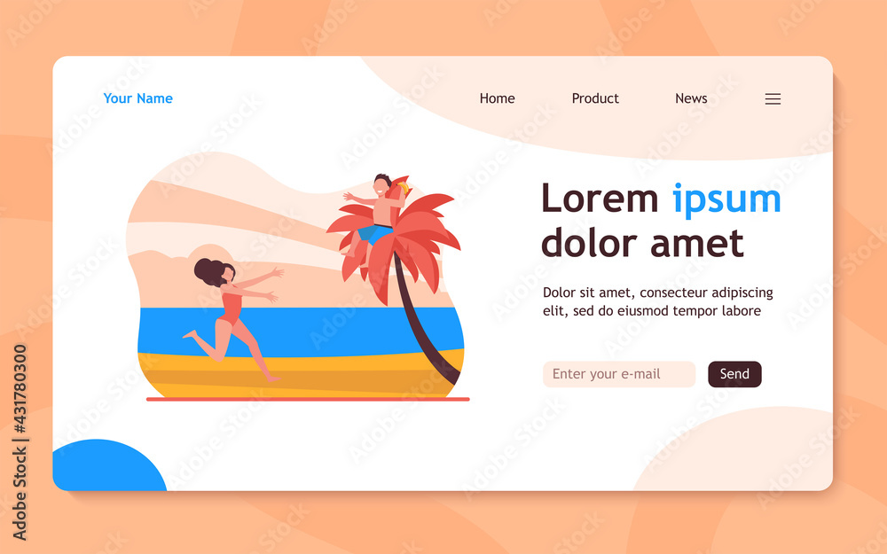 Mom and son enjoying vacation on tropical beach. Boy eating banana on palm top. Flat vector illustration. Vacation, travel, childhood concept for banner, website design or landing web page