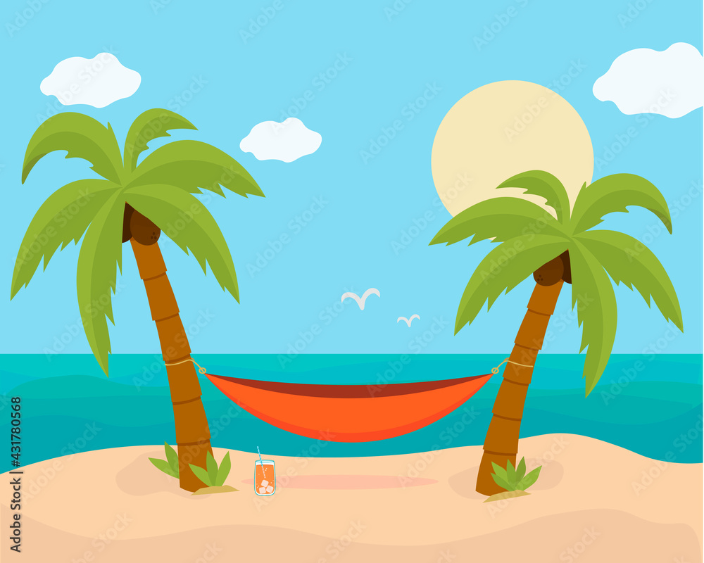 Hammock with palm trees on the beach. Tropical background with the sea. Vector flat design.