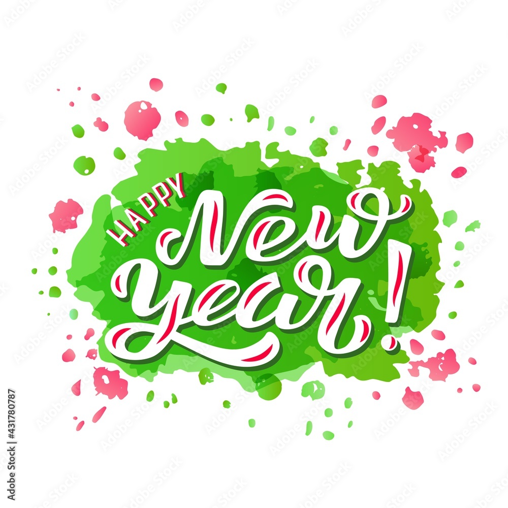 Hand drawn vector illustration with white lettering on textured background Happy New Year for winter season greeting, invitation, celebration, advertising, poster, card, banner, print, label, template Hand drawn vector illustration with white lettering on textured background Happy New Year for winter season greeting, invitation, celebration, advertising, poster, card, banner, print, label, template
