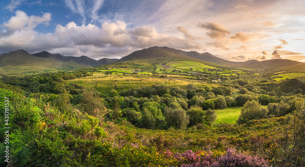 Large panorama with beautiful sunset, dramatic sky at the foothill of Carrauntoohil mountain, MacGillycuddys Reeks mountains, Ring of Kerry, Ireland