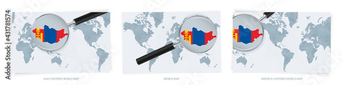 Blue Abstract World Maps with magnifying glass on map of Mongolia with the national flag of Mongolia. Three version of World Map. photo