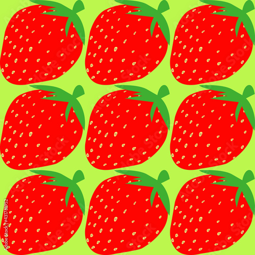 seamless pattern with the image of strawberries on a light green background for the design of interiors of commercial premises and kitchens, as well as for prints on fabric and packaging