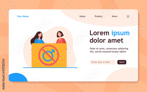 Feminists holding no men allowed placard. Activists, sexists, radical feminism. Flat vector illustration. Gender discrimination concept for banner, website design or landing web page