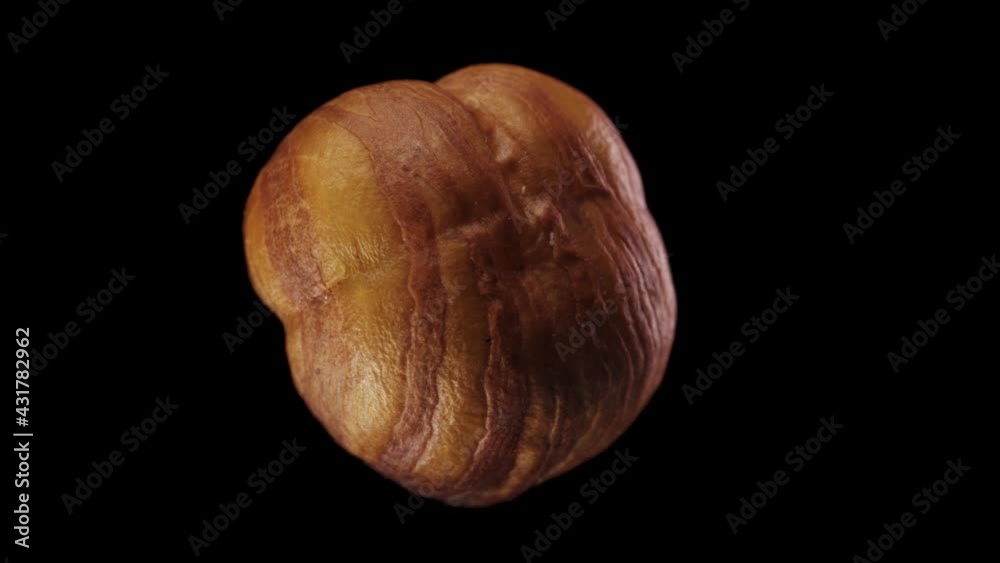 Peeled hazelnut. Rotates on a black background. close-up. Peeled hazelnut. Rotates on a black background. close-up.