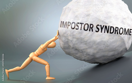 Impostor syndrome and painful human condition, pictured as a wooden human figure pushing heavy weight to show how hard it can be to deal with Impostor syndrome in human life, 3d illustration photo