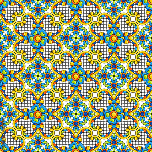 Mexican talavera ceramic tile seamless pattern. Decoration with ornamental flowers. Background with mexican talavera pattern. Decoration with ornamental flowers.