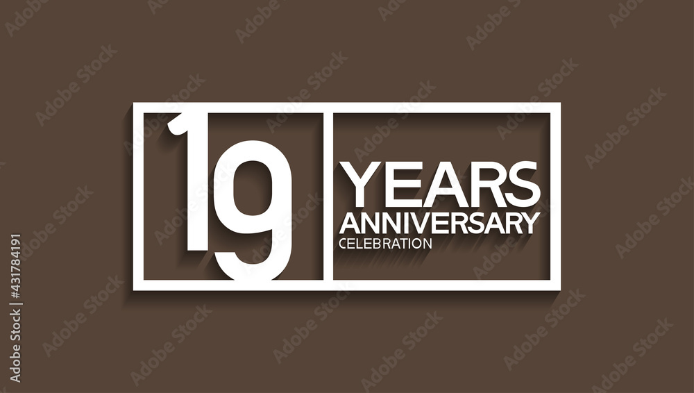 19 years anniversary logotype with white color in square isolated on brown background. vector can be use for company celebration purpose - obrazy, fototapety, plakaty 