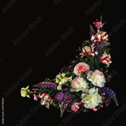 Floral collage on black background. Digital art. © smiltena