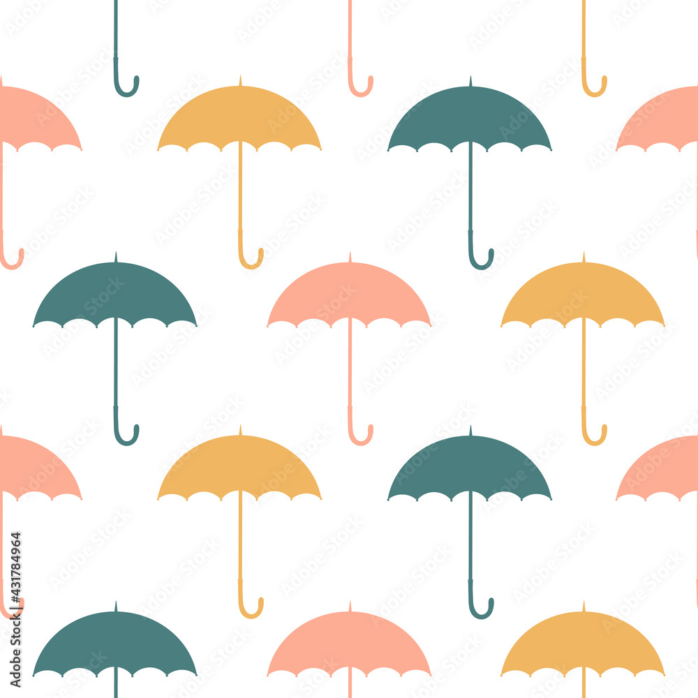 Seamless vector pattern with cute hand drawn umbrella. Fun seasonal background for kids room decor, fashion, nursery art, package, wrapping paper, textile, print, fabric, wallpaper, card, gift. Seamless vector pattern with cute hand drawn umbrella. Fun seasonal background for kids room decor, fashion, nursery art, package, wrapping paper, textile, print, fabric, wallpaper, card, gift.