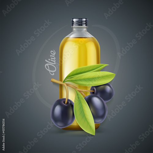 Olive Oil glass bottle. Realistic black olives branch leaves. Extra virgin olive oil mockup design, natural organic cosmetics, healthcare product on dark background. Layout. Vector illustration.